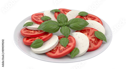 Caprese Salad Slices with Fresh Basil Leaves on White Plate