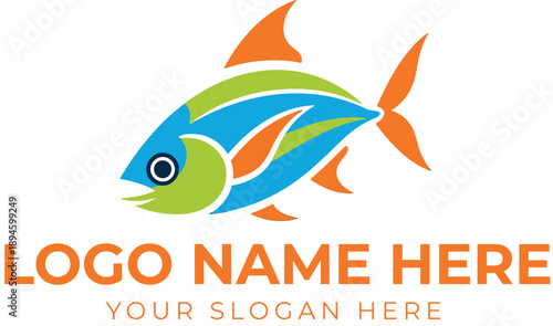 Colorful abstract fish logo vector with blue, green, and orange segments for seafood or aquatic branding