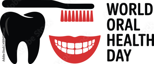 Black tooth red toothbrush red smile text Oral Health Day isolated on white background