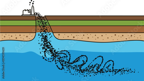 Industrial waste disposal into the ocean through a pipeline, viewed from the side, illustrating environmental pollution