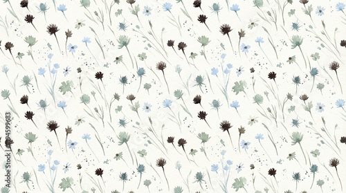 A delicate floral pattern featuring small flowers in shades of blue, green, and black on a white background