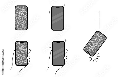 スマホを落として画面が割れ、きれいに直るイラストセット5点 モノクロ フラットデザイン