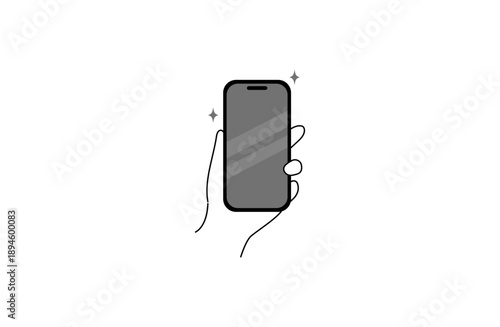 画面がきれいに直ったスマホを手に持つモノクロイラスト フラットデザイン
