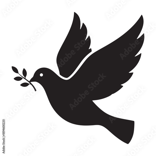 A peaceful dove silhouette flies with an olive branch in its beak vector shilhoutte icon use as a symbol, web graphic design, and infographic icon
