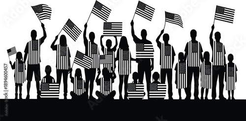 American flag silhouette, patriotic group, unity celebration, children and adults, national pride, black and white vector, USA event, freedom expression