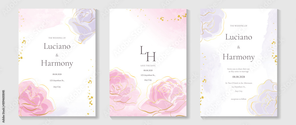 Obraz premium Minimal watercolor wedding invitation vector set with champagne beige and blush pink watercolor background, gold dust accents, botanical leaves and monogram frames. 