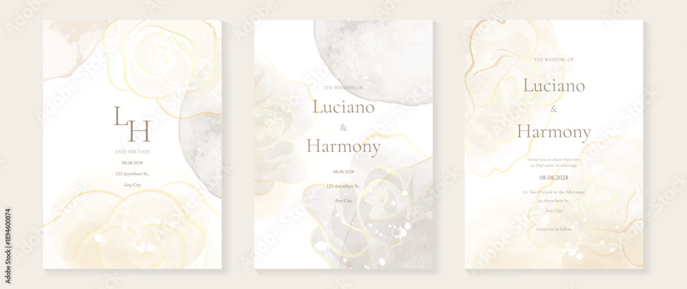 Obraz premium Minimal watercolor wedding invitation vector set with champagne beige and blush pink watercolor background, gold dust accents, botanical leaves and monogram frames. 