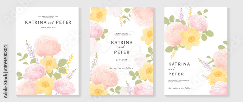 Watercolor floral wedding invitation vector set with yellow, orange and blush pink watercolor background, tulip flowers, botanical leaves and soft paint wash. Bright design for save the date cards.
