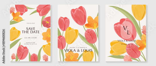Watercolor floral wedding invitation vector set with yellow, orange and blush pink watercolor background, tulip flowers, botanical leaves and soft paint wash. Bright design for save the date cards.