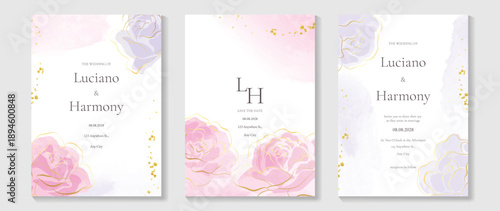 Minimal watercolor wedding invitation vector set with champagne beige and blush pink watercolor background, gold dust accents, botanical leaves and monogram frames. 