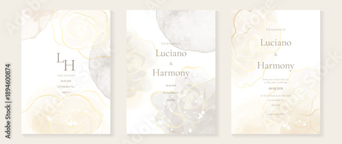 Minimal watercolor wedding invitation vector set with champagne beige and blush pink watercolor background, gold dust accents, botanical leaves and monogram frames. 