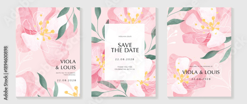 Watercolor rose wedding invitation vector set with pink, purple and green watercolor background, botanical leaves, floral borders and soft paint textures. Romantic design for save the date cards.