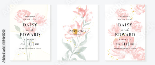 Watercolor floral wedding invitation vector set with blush pink, coral and red watercolor background, daisy flowers, botanical leaves and soft paint textures. Romantic design for save the date cards.