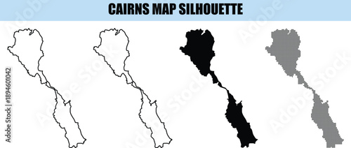 Cairns map silhouette illustrations including solid shapes and line borders for tropical queensland travel destinations