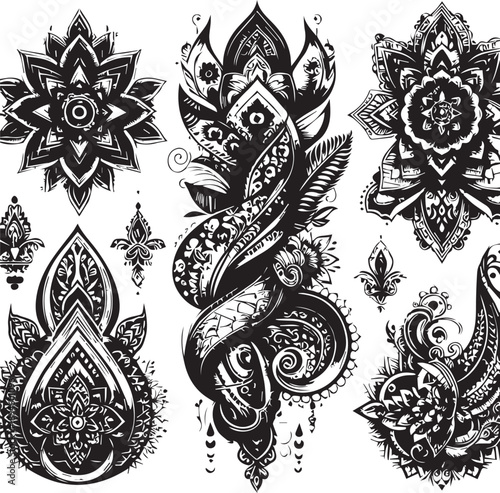 Black and White Mehndi Design Vector | Intricate Henna Art Illustration