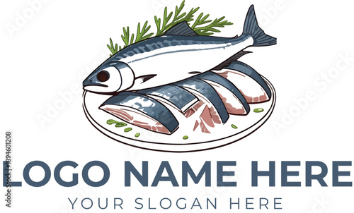 Whole fish and fillet plate logo vector with herbs for seafood restaurant, catering, or culinary branding
