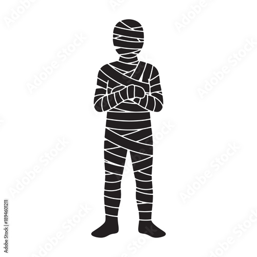 A mummy stands with arms crossed in a dark silhouette against white vector shilhoutte icon use as a symbol, web graphic design, and infographic icon