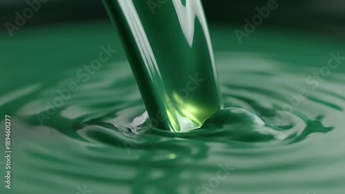 Close-up of green liquid pouring, creating ripples and reflections, abstract art.