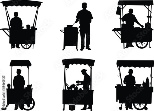 Street food vendor silhouette set, mobile food cart sellers illustration, urban market cooking scene, black vector design, street cuisine artwork