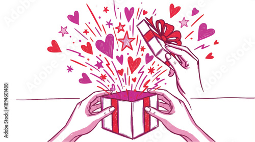 Hands holding a gift box with hearts and stars exploding from it in a celebratory gesture
