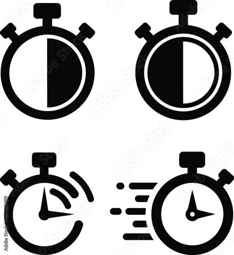 Set of black and white icons representing stopwatch, time, speed and countdown, ideal for concepts of urgency and performance measurement