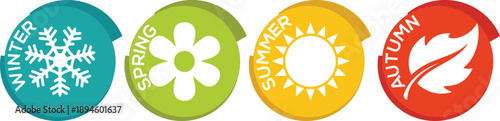 Four circular badges illustrate the yearly seasons: winter snowflake, spring flower, summer sun, and autumn leaf.