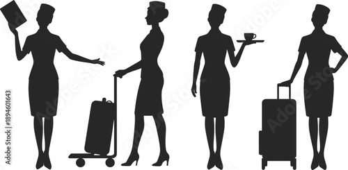 Black silhouette flight attendants stewardess service poses with luggage tray isolated on white background aviation travel illustration set
