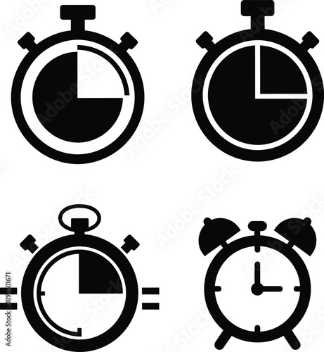 Collection of stylized stopwatch and alarm clock icons illustrating time measurement and punctuality