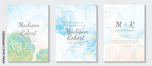 Watercolor floral wedding invitation vector set with blue, teal and pastel watercolor background, rose flowers, botanical leaves and soft paint wash. Modern design for save the date cards, RSVP.