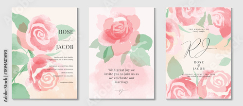 Watercolor rose wedding invitation vector set with pink, purple and green watercolor background, botanical leaves, floral borders and soft paint textures. Romantic design for save the date cards.