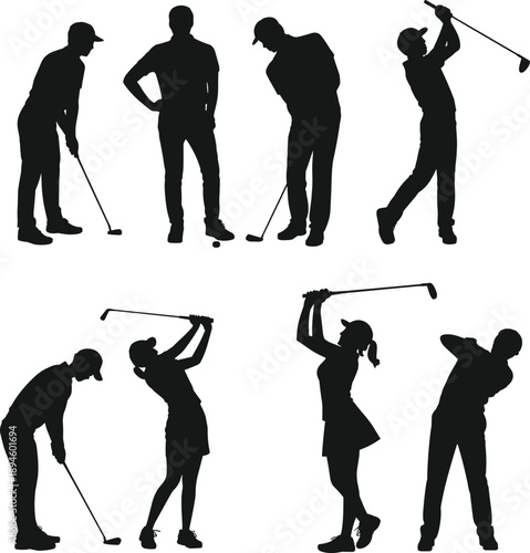 Black silhouette golf players swinging, putting, tee shot actions, male and female golfers isolated on white background sport illustration