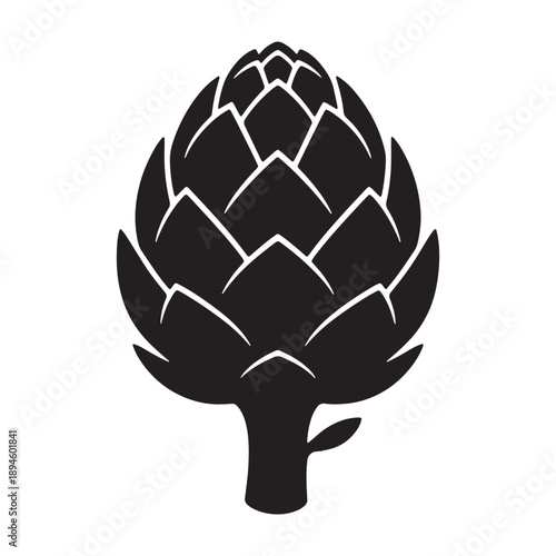 A stylized black artichoke silhouette against a clean white background for design vector shilhoutte icon use as a symbol, web graphic design, and infographic icon