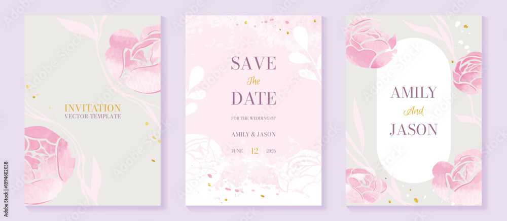 Fototapeta premium Watercolor floral wedding invitation vector set with soft yellow, blush and green watercolor background, botanical stems, gilded frames and delicate flower accents. 
