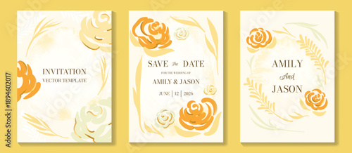 Watercolor floral wedding invitation vector set with soft yellow, blush and green watercolor background, botanical stems, gilded frames and delicate flower accents. 