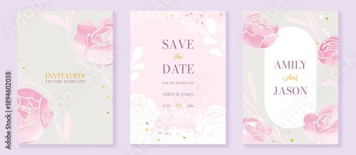 Watercolor floral wedding invitation vector set with soft yellow, blush and green watercolor background, botanical stems, gilded frames and delicate flower accents. 