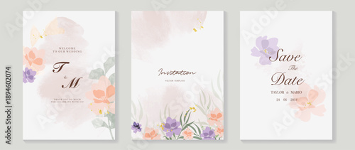 Minimal watercolor wedding invitation vector set with pastel pink and cream watercolor background, botanical branches, monogram frames and soft flower accents. Elegant design for save the date cards.