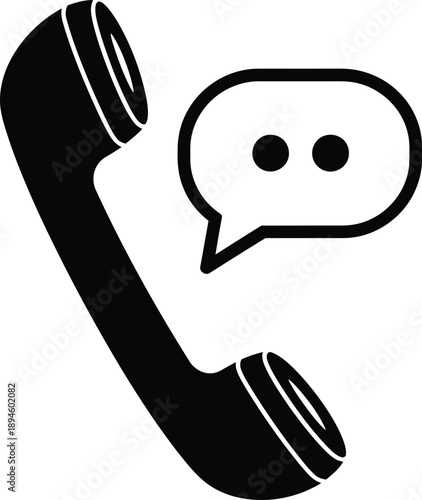 Minimalist graphic icon of a classic telephone handset with a message bubble, symbolizing online communication, customer support, and digital connectivity