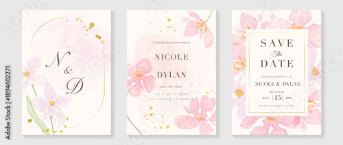 Watercolor floral wedding invitation vector set with blush pink and gold watercolor background, soft flowers, botanical leaves and confetti accents. Romantic design for save the date cards.