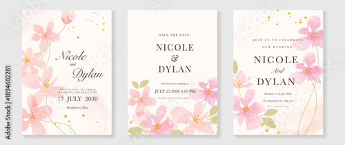 Watercolor floral wedding invitation vector set with blush pink and gold watercolor background, soft flowers, botanical leaves and confetti accents. Romantic design for save the date cards and menu.