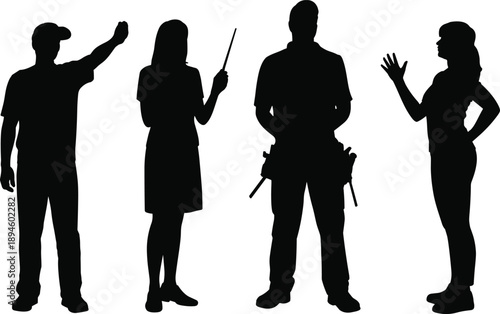 Black silhouette professionals workers team communicating gesturing standing together isolated on white background industry occupation people illustration concept design set