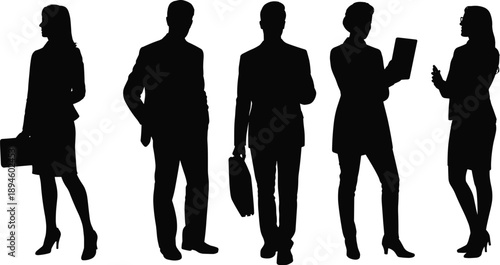 Business people silhouettes teamwork discussion concept, professional office workers standing, corporate communication, leadership meeting, black vector illustration
