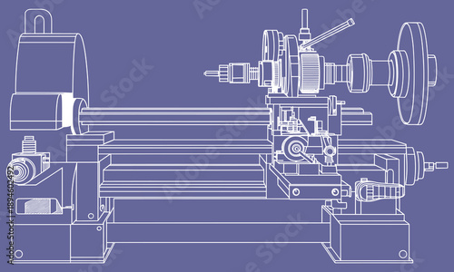Industrial metal lathe wireframe illustration precision machining equipment mechanical engineering technology vector technical schematic line art manufacturing industry background blueprint