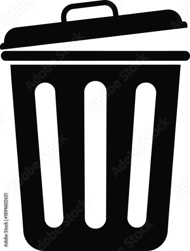 Minimalist flat design vector icon of a utility trash bin for digital interface, representing delete, discard, and waste management functions
