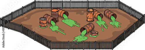 Barrels lying on the ground in an enclosed dirt yard with a fence surrounding it, viewed from above, showing industrial equipment.