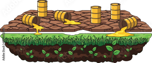 Oil spill illustration showing barrels leaking onto cracked earth and grassy terrain