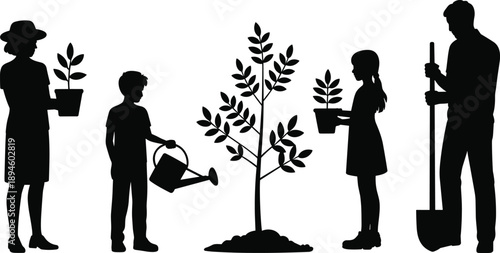 Family planting tree silhouettes with children and adults gardening together isolated on white background environmental concept illustration
