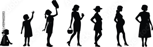 Female life stages silhouette from child to adulthood and pregnancy, woman growth timeline illustration, motherhood evolution concept vector