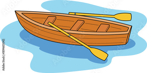 Wooden rowboat illustration, small fishing boat with oars, cartoon watercraft design, simple marine transport concept, isolated on white background