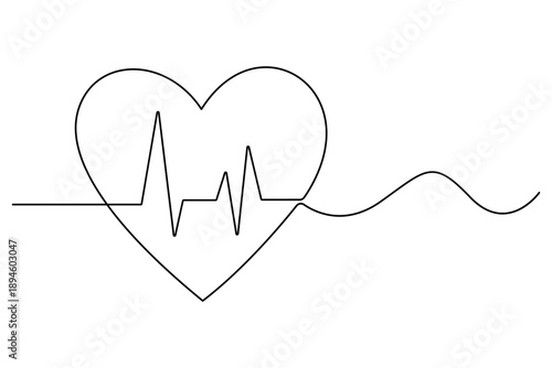 Continuous one line drawing of heart with heartbeat ecg vector illustration
