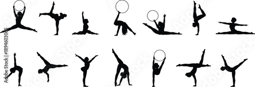Gymnastics silhouette set with rhythmic gymnasts performing splits, jumps and hoop poses, artistic sport movement collection, isolated vector illustration